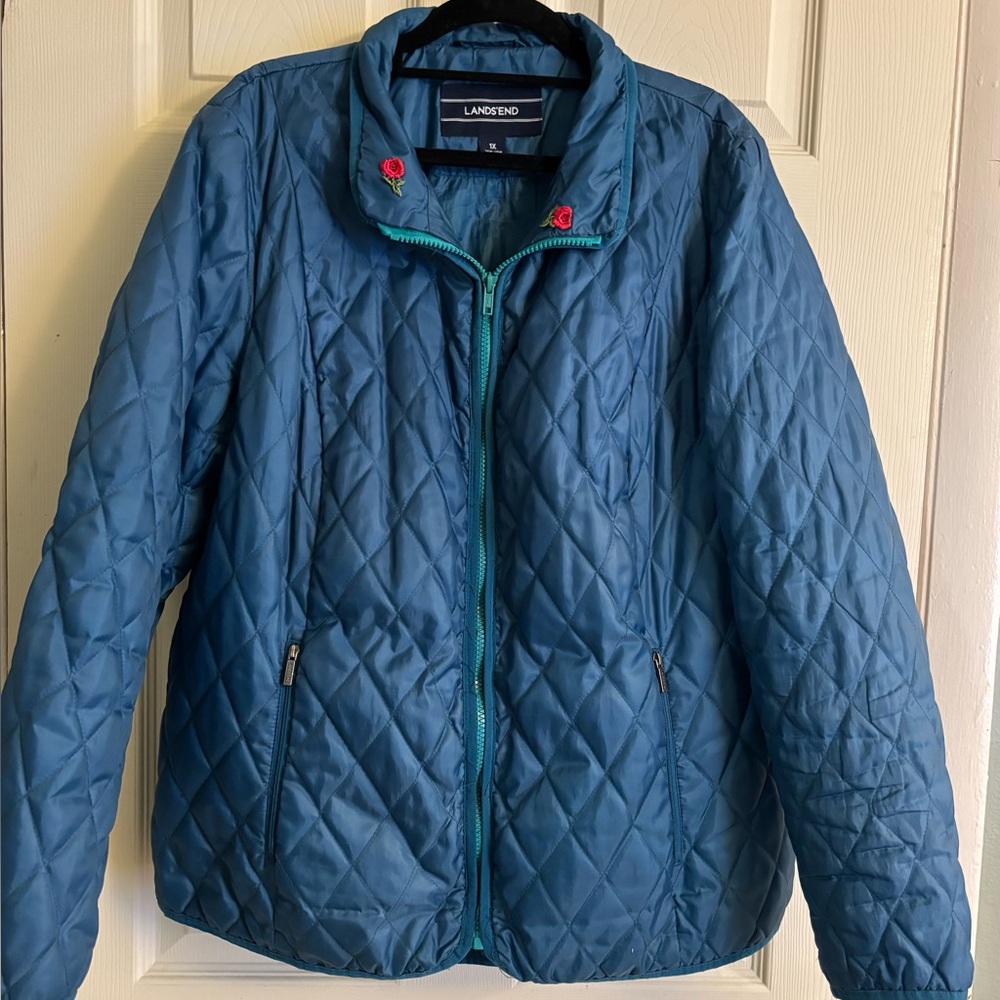 Lands' End Women's Teal Quilted Puffer Jacket with Embroidered Roses